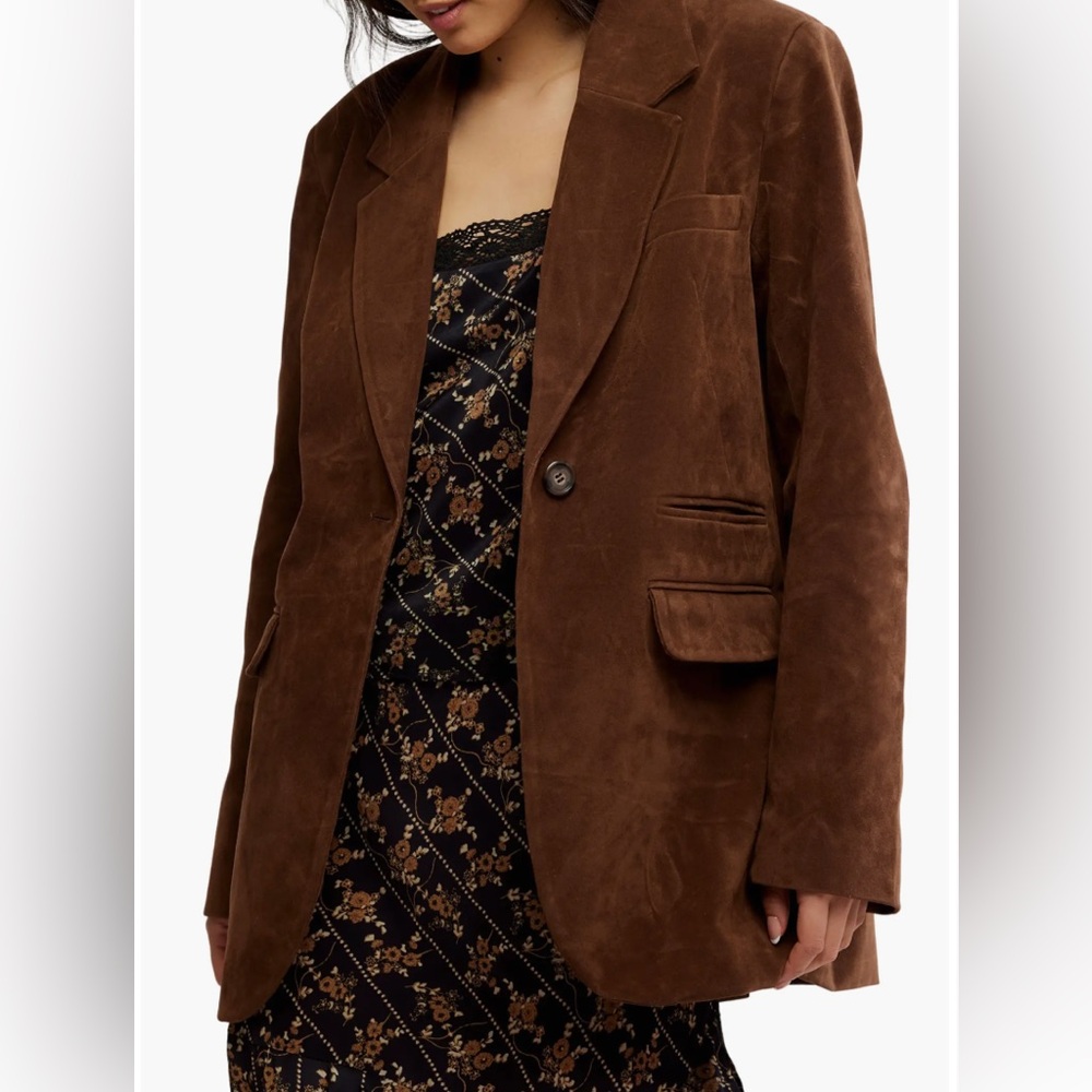 NWT Women's FREE PEOPLE Paper Cut Faux Suede Brown Blazer Oversized Jacket  LG